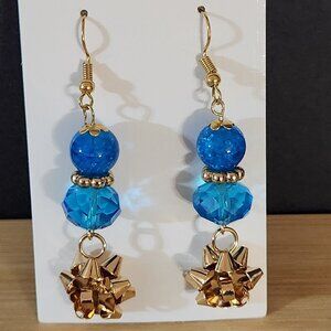 Hand Crafted Earrings Beads and Bow Aqua Gold Pierced Dangle